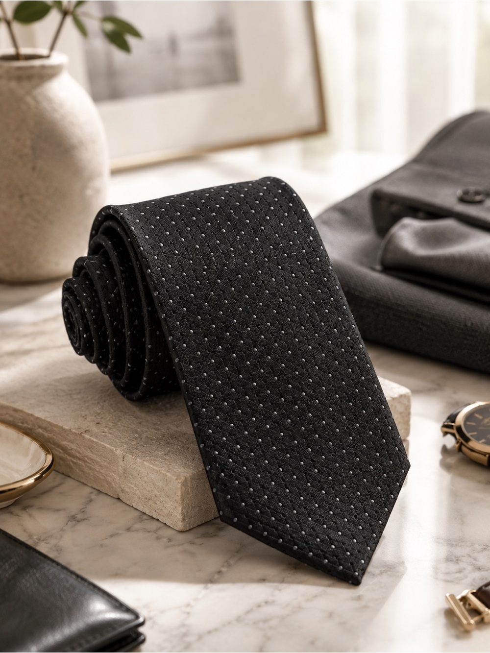 Croft & Barrow Black Silk Tie Subtle Dot Texture Classic Office Necktie NWT